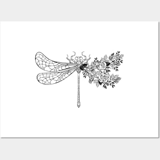 Flower dragonfly with contour rose Posters and Art